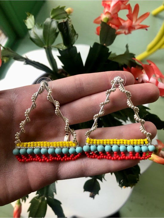 Jewelry - Handmade Colorblock Beaded Triangle Earrings - Yellow, Turquoise & Red